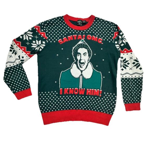 Ugly Christmas Sweater Mens Size Large Elf Movie Santa OMG I Know Him Green - Picture 1 of 6